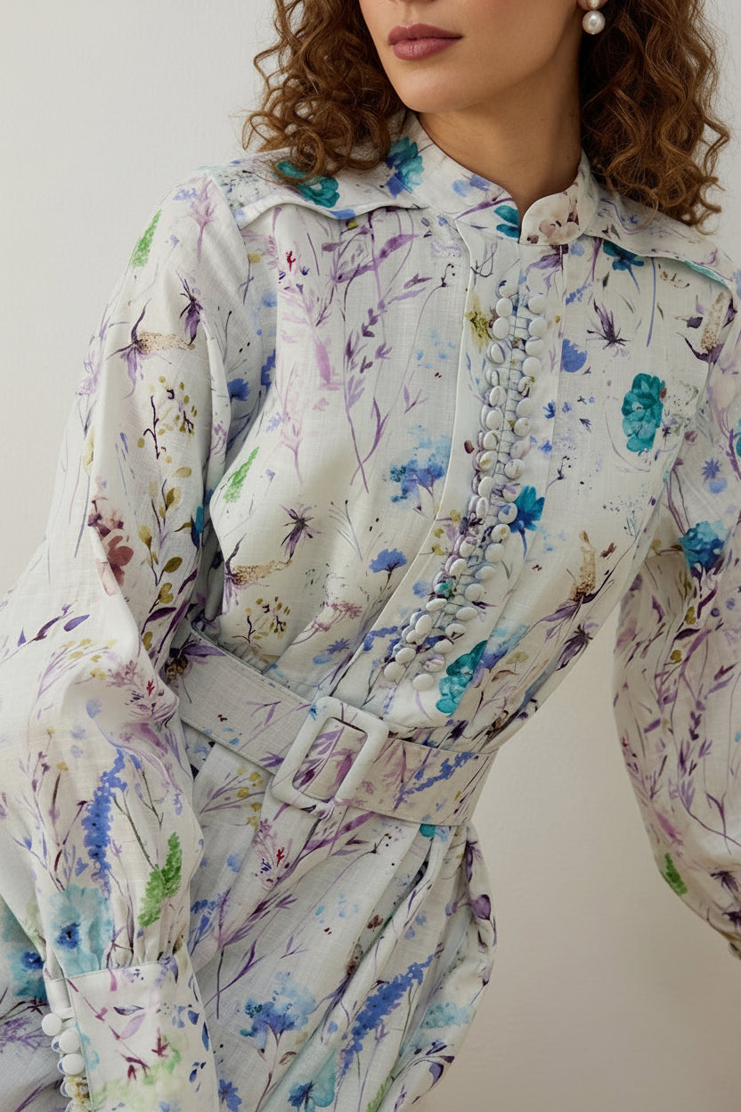 Vrouw draagt een lange witte maxi-jurk met een blauwe en lila bloemenprint, lange mouwen brede manchet met 6 knopen en een bijpassende ceintuur. 