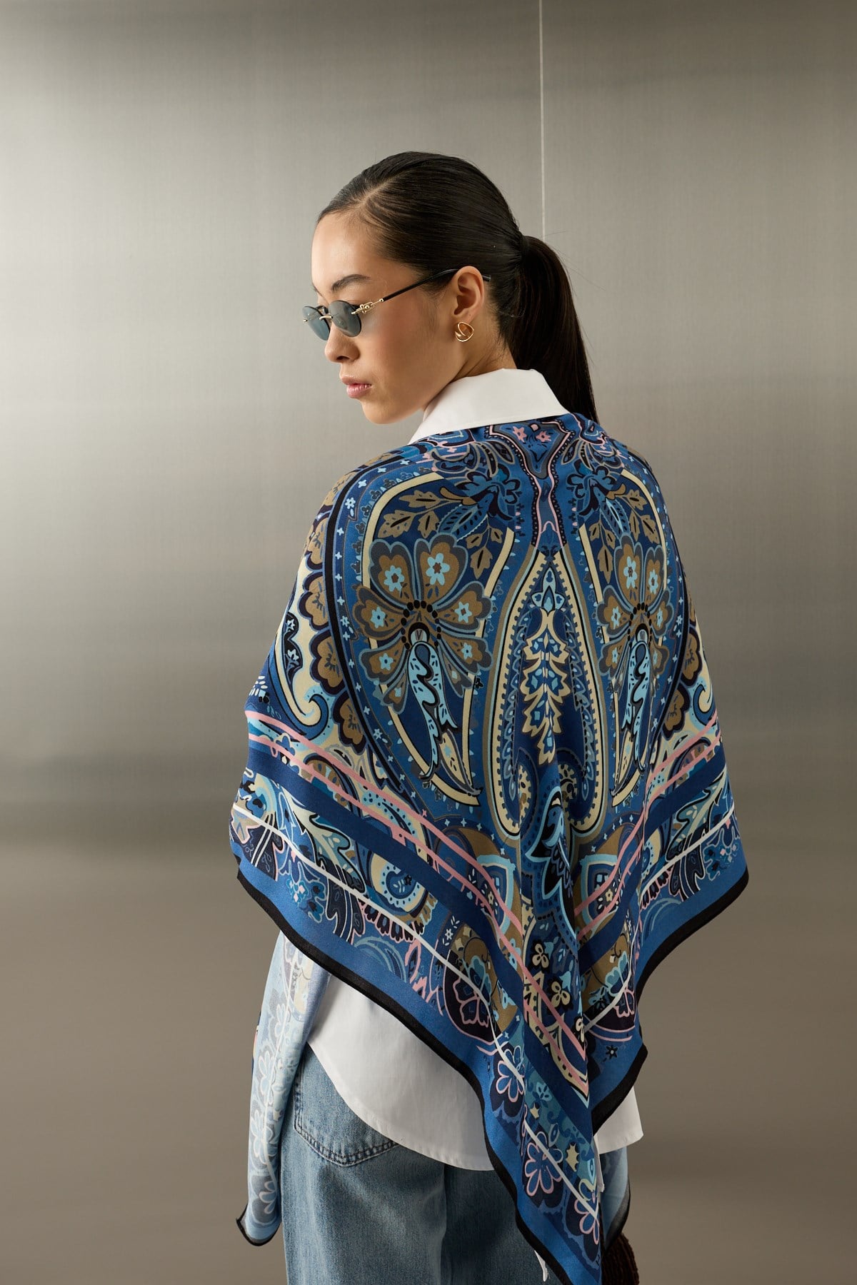 Paisley Scarf – Azure & Ochre (140x140)